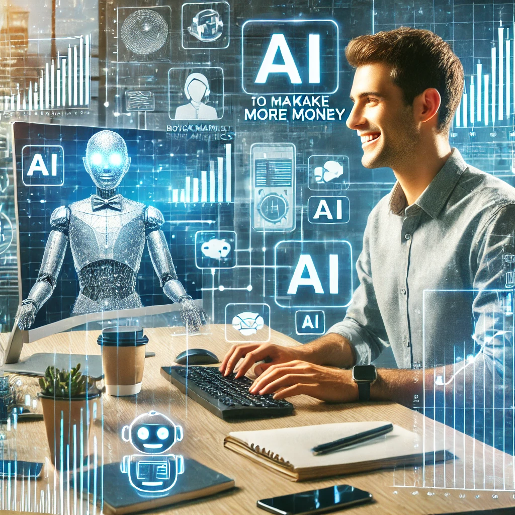 A scene showing a person using AI technology to make more money. The person is sitting at a desk with multiple screens displaying stock market charts, business analytics, and AI tools. The individual looks happy and focused, typing on a keyboard and analyzing data. The background features a modern, high-tech office with elements like a sleek computer setup, smart devices, and digital assistants. The atmosphere is dynamic and prosperous, emphasizing the benefits of AI in boosting financial success.